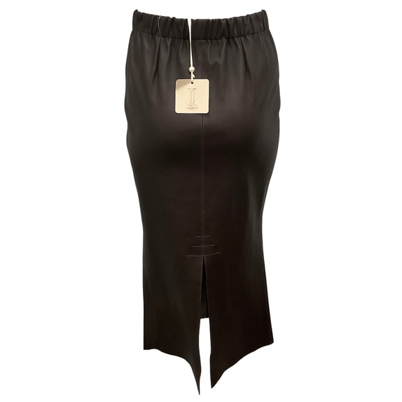 INTERDEE BROWN STRETCH LAMB LEATHER MIDI SKIRT - Picture 3 of 6